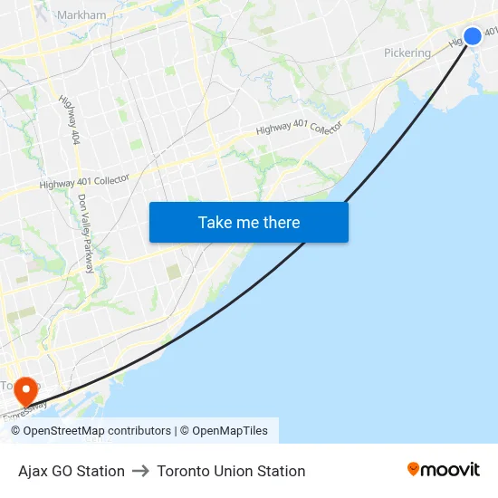 Ajax GO Station to Toronto Union Station map