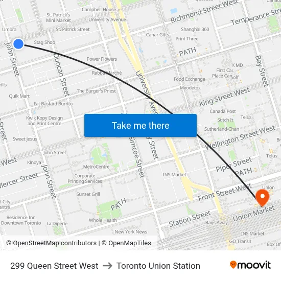 299 Queen Street West to Toronto Union Station map
