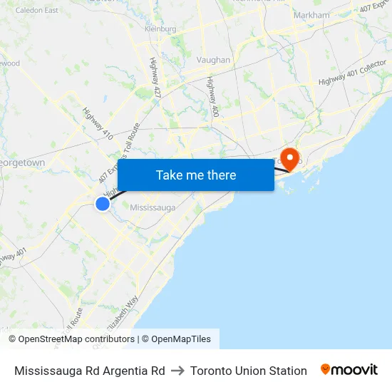 Mississauga Rd Argentia Rd to Toronto Union Station map