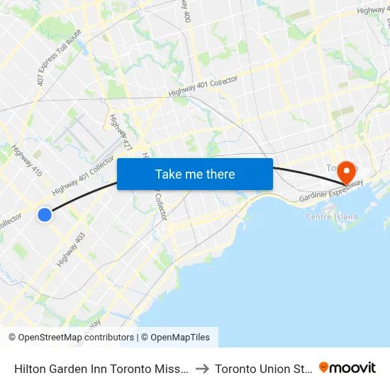 Hilton Garden Inn Toronto Mississauga to Toronto Union Station map