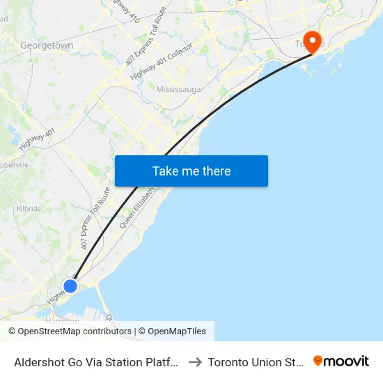 Aldershot Go Via Station Platform 10 to Toronto Union Station map