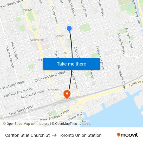 Carlton St at Church St to Toronto Union Station map