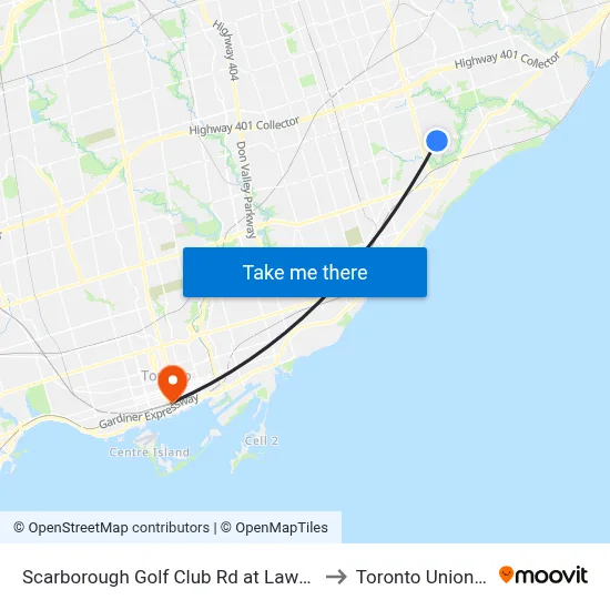 Scarborough Golf Club Rd at Lawrence Ave East to Toronto Union Station map
