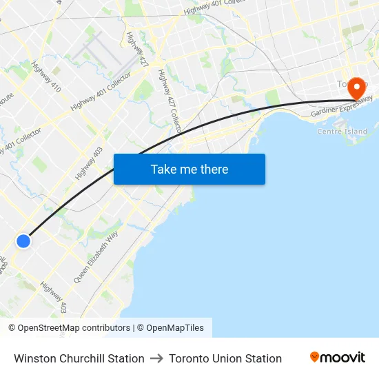 Winston Churchill Station to Toronto Union Station map