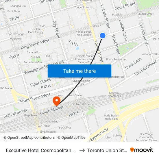 Executive Hotel Cosmopolitan Toronto to Toronto Union Station map