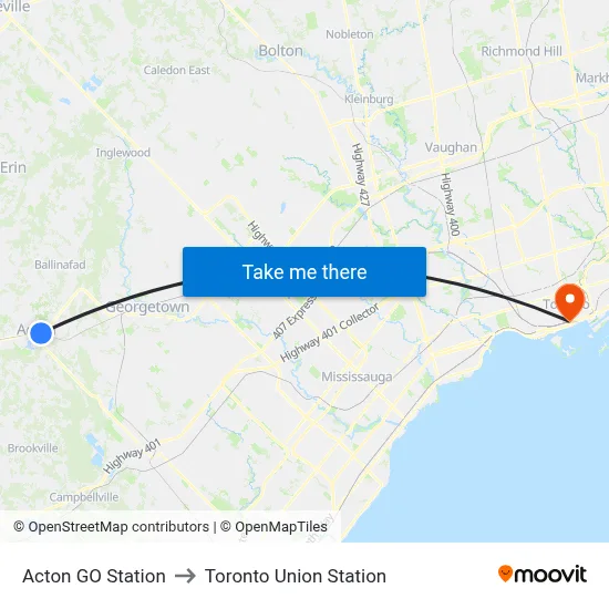 Acton GO Station to Toronto Union Station map