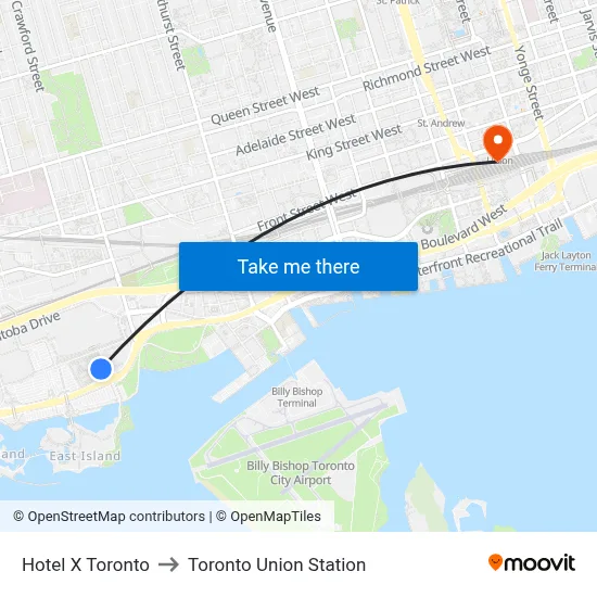 Hotel X Toronto to Toronto Union Station map