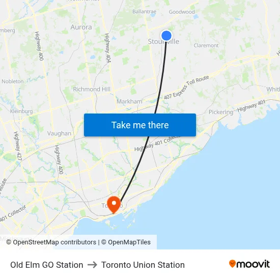 Old Elm GO Station to Toronto Union Station map