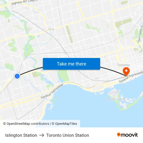 Islington Station to Toronto Union Station map
