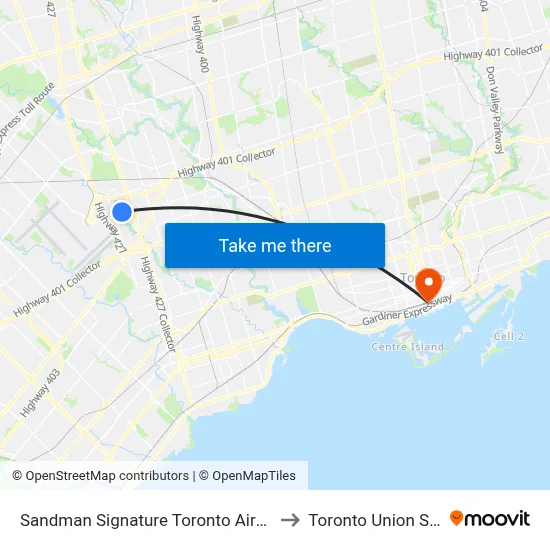 Sandman Signature Toronto Airport Hotel to Toronto Union Station map