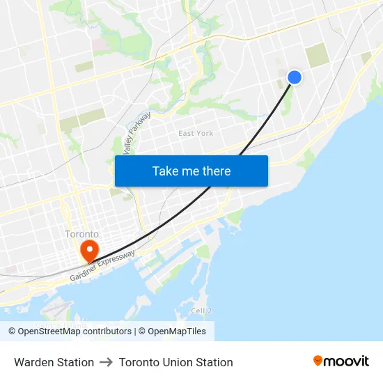 Warden Station to Toronto Union Station map