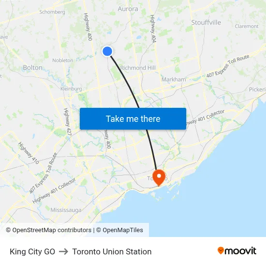 King City GO to Toronto Union Station map