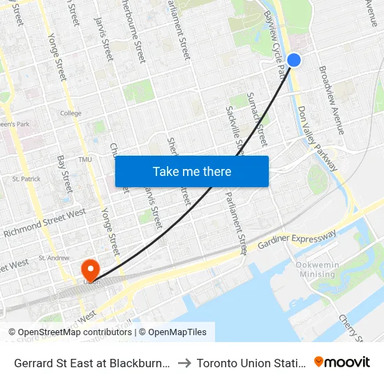 Gerrard St East at Blackburn St to Toronto Union Station map