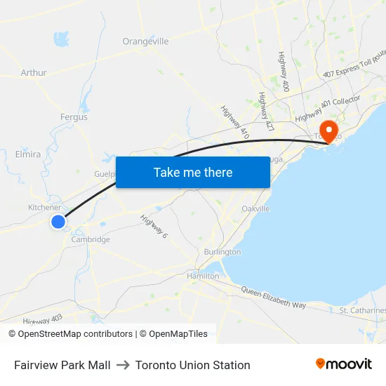 Fairview Park Mall to Toronto Union Station map