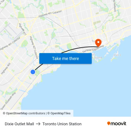 Dixie Outlet Mall to Toronto Union Station map