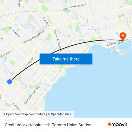 Credit Valley Hospital to Toronto Union Station map