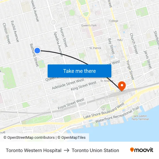 Toronto Western Hospital to Toronto Union Station map