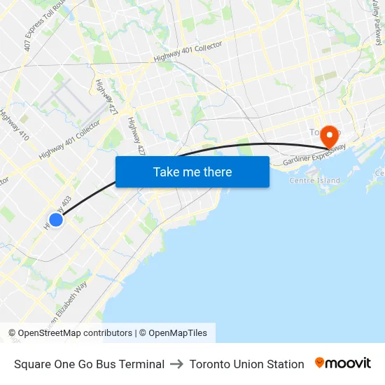 Square One Go Bus Terminal to Toronto Union Station map