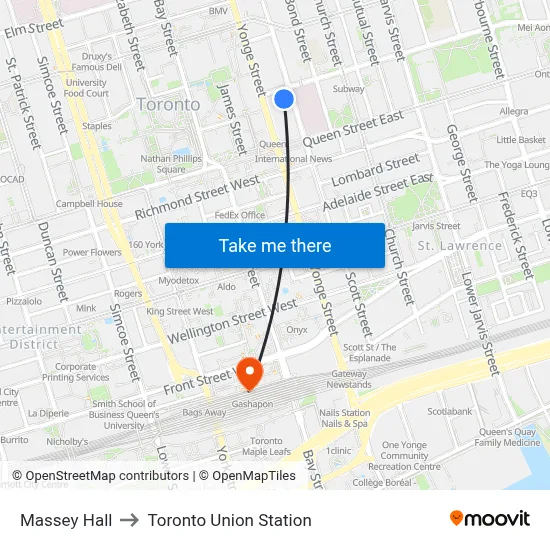 Massey Hall to Toronto Union Station map