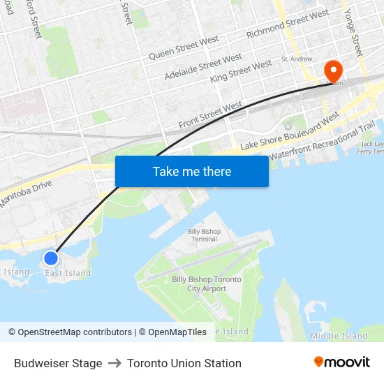 Budweiser Stage to Toronto Union Station map