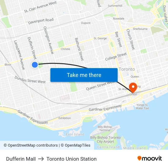 Dufferin Mall to Toronto Union Station map