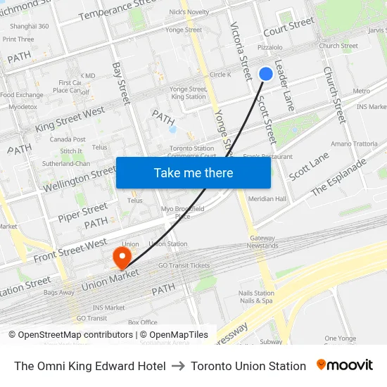 The Omni King Edward Hotel to Toronto Union Station map