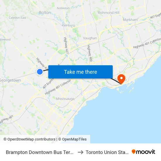 Brampton Downtown Bus Terminal to Toronto Union Station map