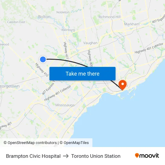 Brampton Civic Hospital to Toronto Union Station map