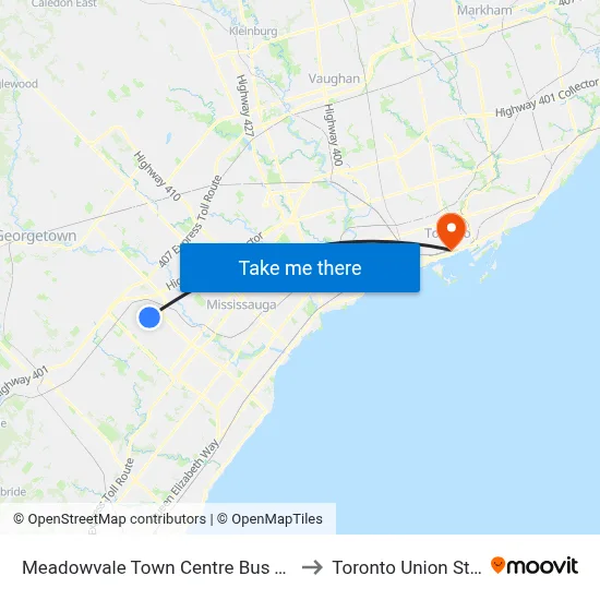 Meadowvale Town Centre Bus Terminal to Toronto Union Station map