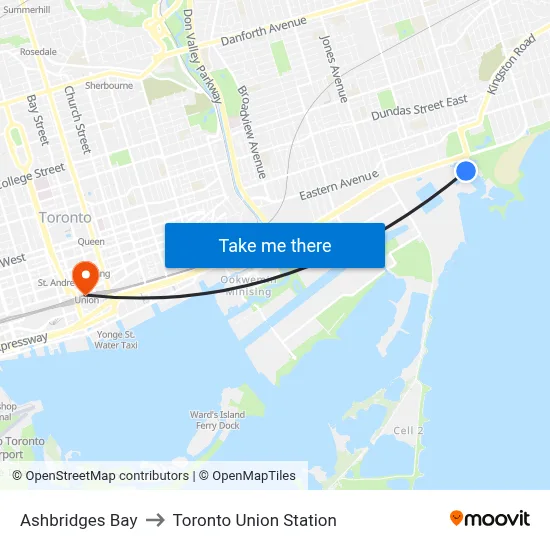 Ashbridges Bay to Toronto Union Station map