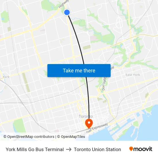 York Mills Go Bus Terminal to Toronto Union Station map