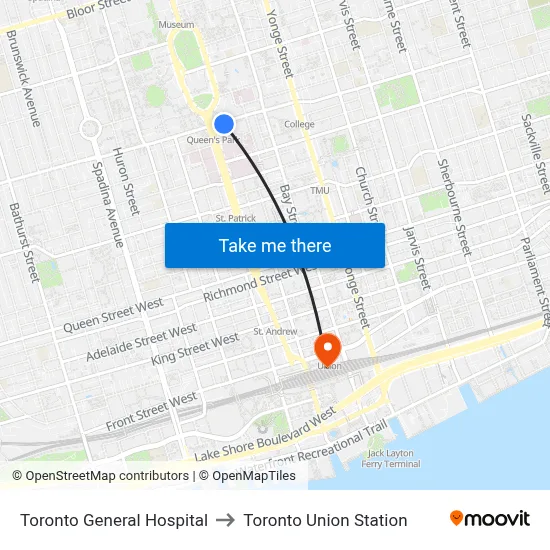 Toronto General Hospital to Toronto Union Station map
