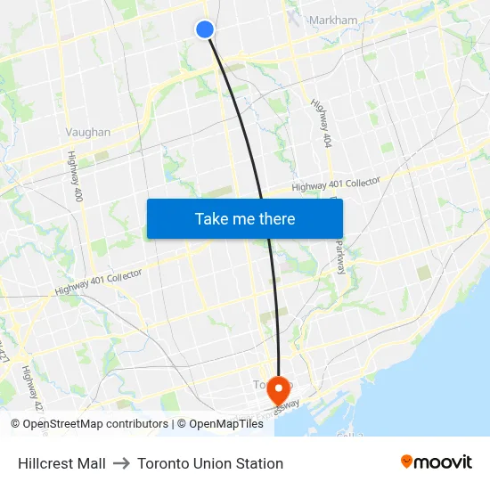 Hillcrest Mall to Toronto Union Station map