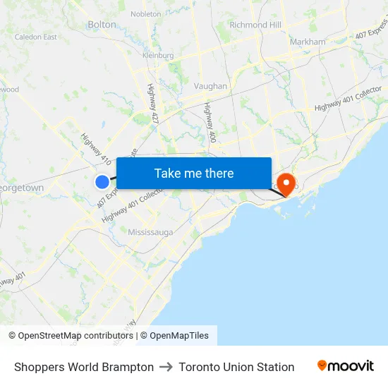Shoppers World Brampton to Toronto Union Station map