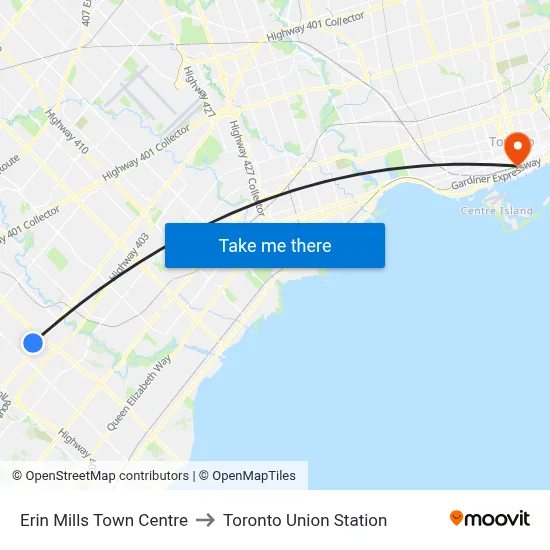 Erin Mills Town Centre to Toronto Union Station map