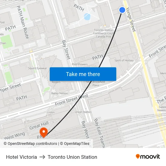 Hotel Victoria to Toronto Union Station map