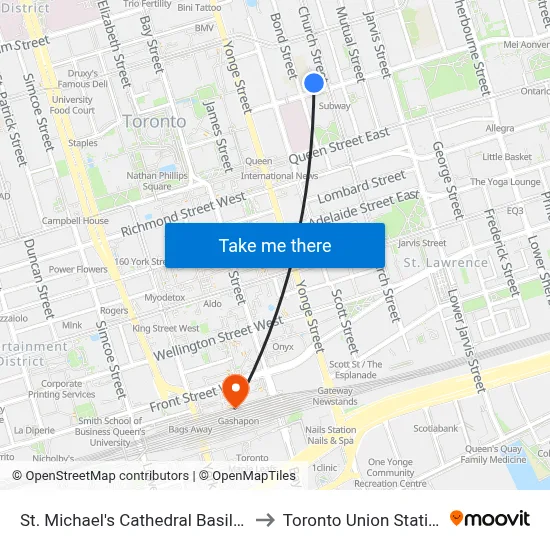 St. Michael's Cathedral Basilica to Toronto Union Station map