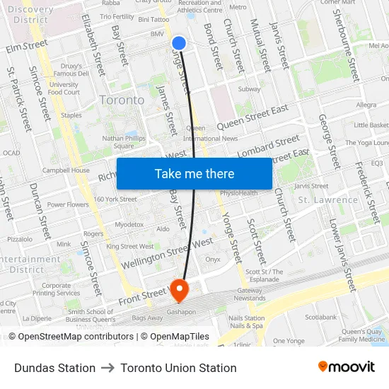 Dundas Station to Toronto Union Station map