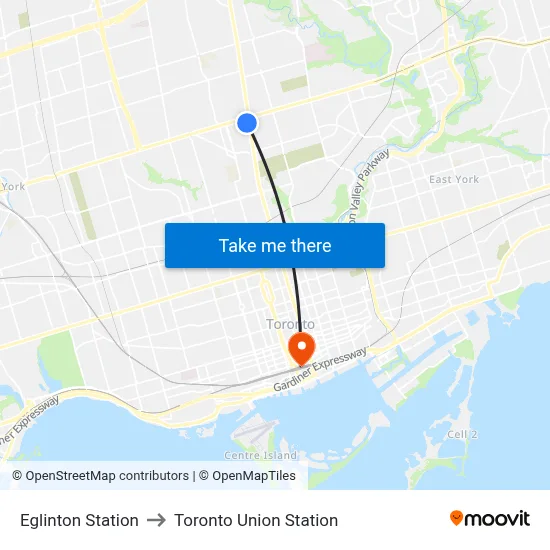 Eglinton Station to Toronto Union Station map