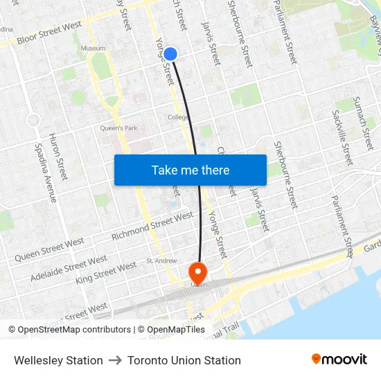 Wellesley Station to Toronto Union Station map