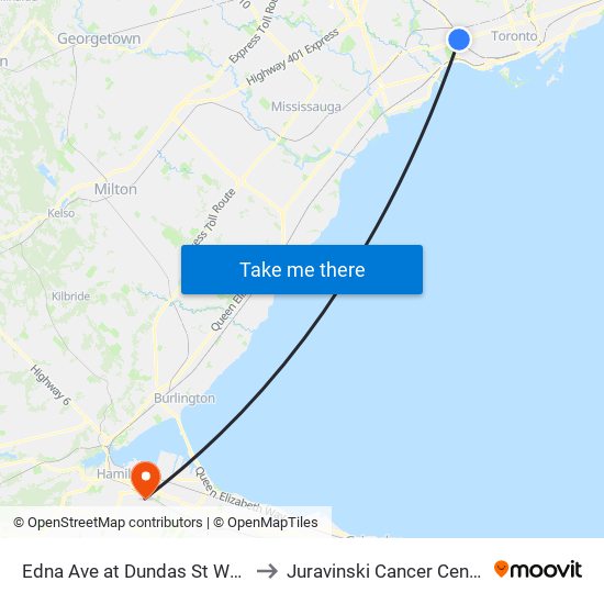 Edna Ave at Dundas St West to Juravinski Cancer Centre map