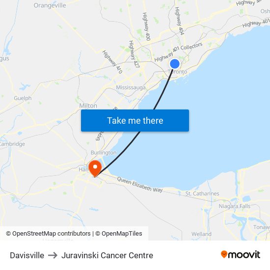 Davisville to Juravinski Cancer Centre map