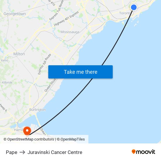 Pape to Juravinski Cancer Centre map