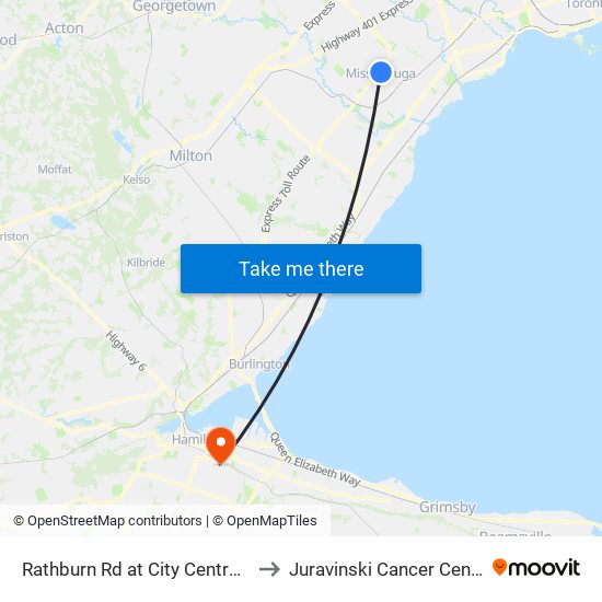 Rathburn Rd at City Centre Dr to Juravinski Cancer Centre map