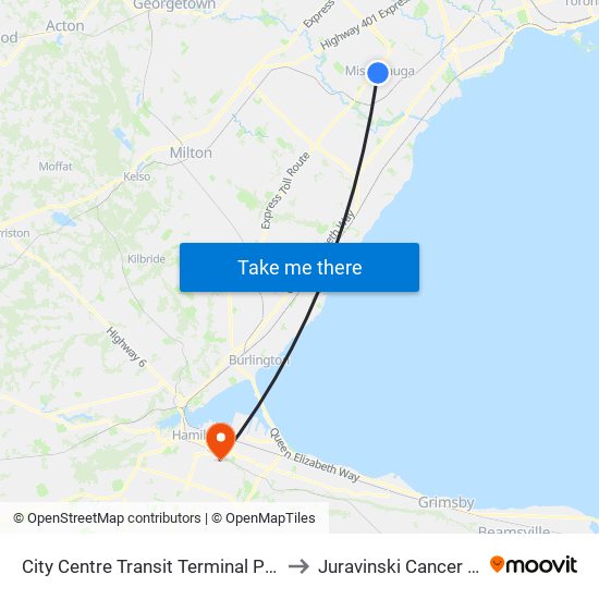 City Centre Transit Terminal Platform K to Juravinski Cancer Centre map