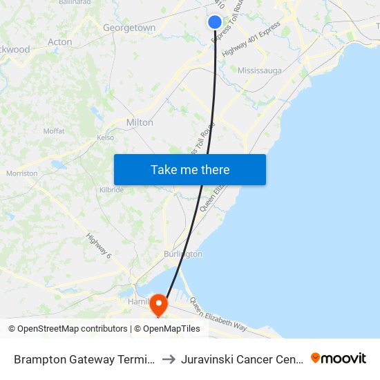 Brampton Gateway Terminal to Juravinski Cancer Centre map