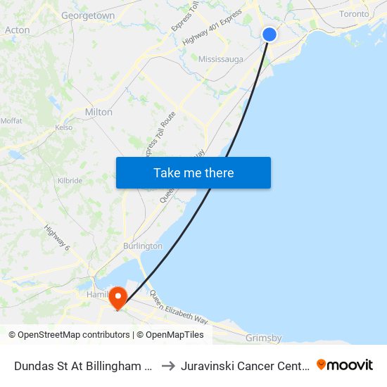 Dundas St At Billingham Rd to Juravinski Cancer Centre map