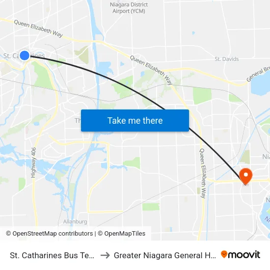 St. Catharines Bus Terminal to Greater Niagara General Hospital map