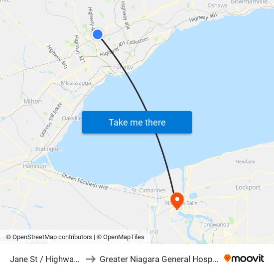 Jane St / Highway 7 to Greater Niagara General Hospital map