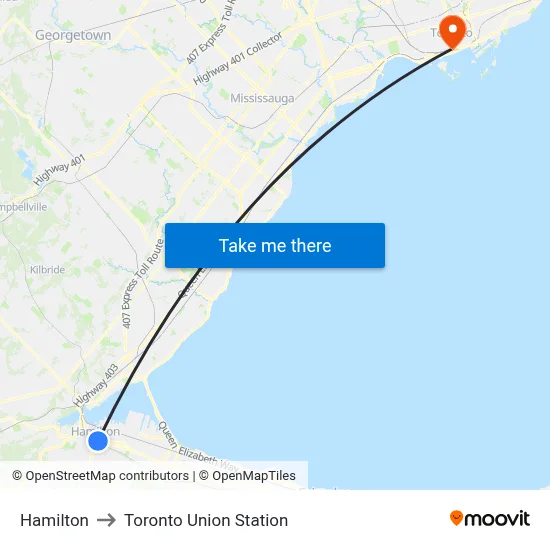 Hamilton to Toronto Union Station map